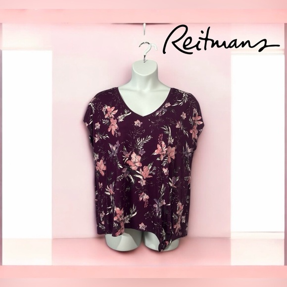 Reitmans, Plus-Size Relaxed Floral V-Neck Burgundy Top, 2X - Picture 1 of 9